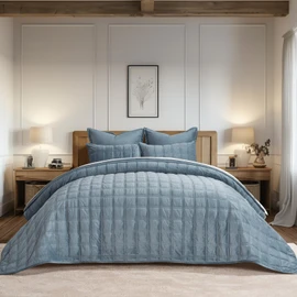 EVERGRACE 3 Pieces Luxurious Velvet Quilt King Size, Ultra Soft Bedspread Coverlet Set, Double Box Stitch Lightweight Velvet Comforter for All Season with 2 Shams, Blue Linen, 108"x96"