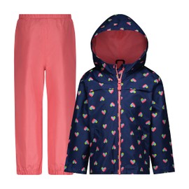 LONDON FOG Girls' Waterproof Rain Suit for Kids Hooded Jacket and Splash Pant Set, Navy Hearts, 6