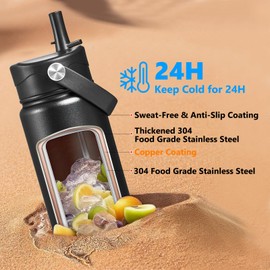 Insulated Water Bottle with Lid & Boot & Stickers, 24 oz Stainless Steel Sweat Free Bottle Keep Cold 24H, BPA-Free Sports Wide Mouth Water Bottle, Black