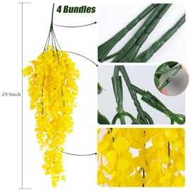 RECUTMS 4 Pack Artificial Hanging Plants Fake Eucalyptus Leaf Greenery Vine Plant UV Resistant Plastic Wall Decor for Ivy Patio Office Shelf Wedding (Pure Yellow)