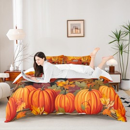 Manfei Fall Pumpkin Kids Duvet Cover Set Twin Size,Truck Autumn Harvest Bedding Set,Girls Boys Adults Bedroom Decor,Maple Leaf Rustic Farmhouse Comforter Cover,Orange Bright Quilt Cover,1 Pillowcase