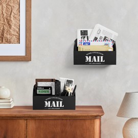 Mail Organizer, Mail Holder with 2 Slots, Mail Basket for Wall Table Countertop, Wood Desk Mail Sorter Organizer,Bill Envelope Letter for Home Office (Black)