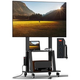 Duiliuu Mobile TV Cart with Power Outlet, Rolling TV Stand on Wheels for 32-75 inch Television, Mobile TV Stand Height Adjustable,15° Adjustable Viewing Angle,Max 130LBS, Vesa max 600×400