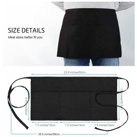 Tosewever Server Aprons with 3 Pockets, Waitress Waiter Waist Apron for Women Men Restaurant Home Black Half Apron (Black-1 Pack)