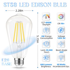 GvvooHome E26 LED Bulb 60 watt, Non-Dimmable Edison Bulbs, 4000K Daylight White, ST58 Vintage Light Bulbs, 90+ CRI, E26 Medium Base, Clear Glass, 12 Pack