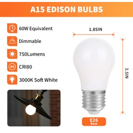 ALAMPEVER A15 Led Bulbs, 8W Equivalent to 60W Light Bulbs, Dimmable Frosted E26 Base, 750LM, 3000K Warm White