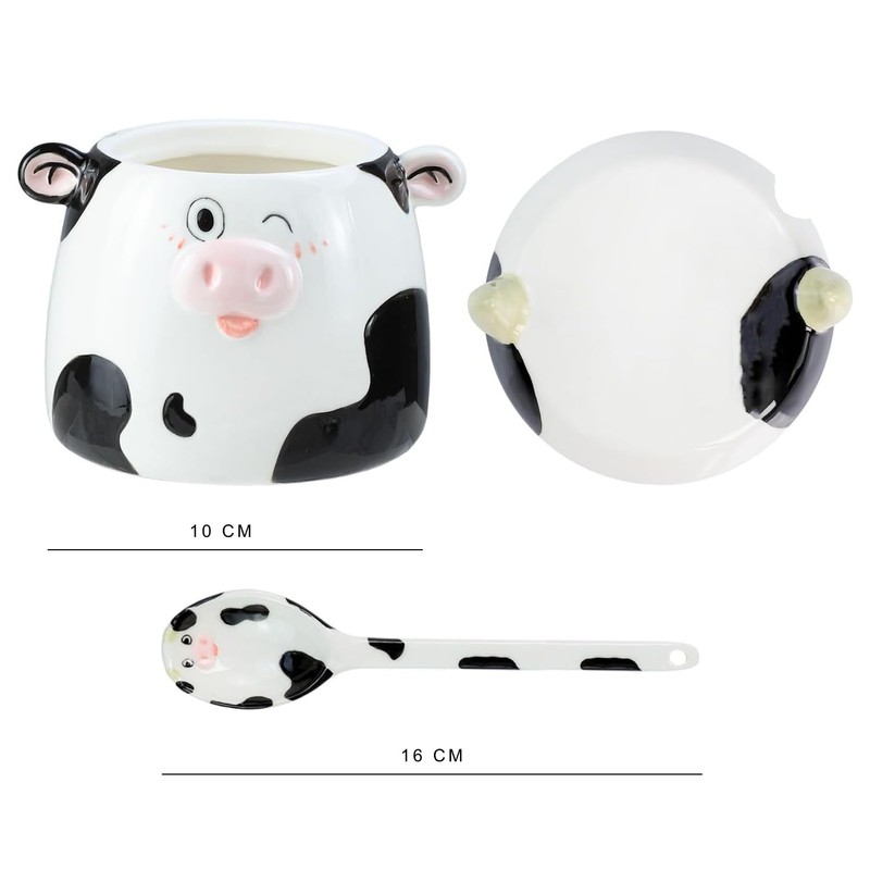 Bicuzat Cute Cow Pattern Ceramic Sugar Bowl, Cow Shaped Salt
