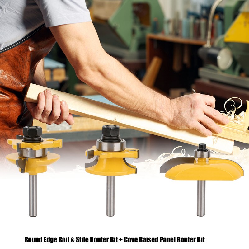 3Pcs set 1/4in Shank Woodworking Frame Door Rail & Stile