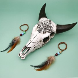 alikiki 3D Bull Skull Wall Decor - Southwest Horned Cow Head Skull Wall Hanging w/Feather Beads Resin Faux Steer Buffalo Animal Wall Sculpture Wall Art Home Bedroom Living Room Boho Wall Ornament