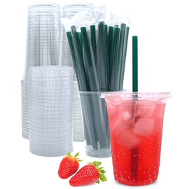 Aatriet [50 Sets] 16 oz Clear Plastic Cups with Lids and Straws, Disposable Coffee Cups