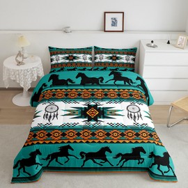 Feelyou Boho Comforter Set King Size Southwestern Native Aztec Comforter Bohemian Dream Catchers Bedding Set Horses Duvet Set Room Decor Azure Quilt Set