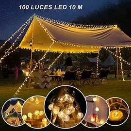 MOYAC Guirnalda de Luces 10m 100 LED con 8 Modos, Cadena de Luces Impermeables Decorativa Interior y Exterior, Adecuada para Fiesta, Boda, Ceremonia, Navidad, Halloween (Blanco Cálido)