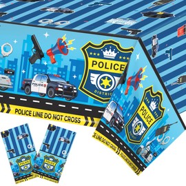 2 Pack Police Cartoon Plastic Tablecloth, Police Badge Police Car Disposable Table Cover, Kids Birthday Party Decoration Supplies 86 x 51 inches