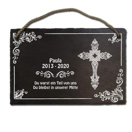 Printed slate plaque memorial stone gravestone with cross, approx. 20 x 30 cm engraved with your desired text and name, also possible as a bell sign, door sign, motif C