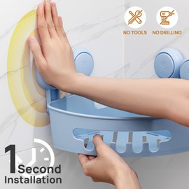 LEVERLOC Corner Shower Caddy Suction Cup, Shower Caddy Basket Powerful Suction Bathroom, Waterproof & Rustproof Organizer for Bathroom Storage, No-Drilling Removable (Blue)