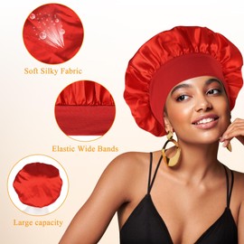 Gorro para Dormir, Gorro De Satén con Banda Elástica Ancha, Gorro De Seda para El Cuidado del Cabello Rizado Sombrero de Gorro de Dormir Ajustable Cubierta de Cabeza Toalla Pelo Secado Rapido (Red)
