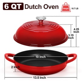 TeamFar Enameled Cast Iron Dutch Oven with Lid, 6 Quart Dutch Oven Pot for Sourdough Bread Baking, 10 Inch Bread Pan, Self-Basting Dome Lid & Low-Profile Base, Heavy-Duty & Nonstick, Red