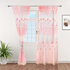 Voile Curtain, Polyester Floral Pattern Window Curtain Window Tulle Voile Curtain Bedroom Living Room Decor Window Curtain Panels for Bedroom Window 100 * 200cm