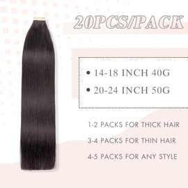 YDDM Tape-In Real Hair Extensions, 20 Pieces, 50 cm, 50 g, Natural Black Invisible Tape Extensions, Real Hair Tape Extensions, Skin Weft Hair Extensions (20 Inches, 1B#)