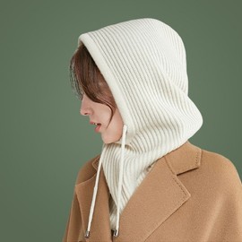 Cashmere Balaclava Fashion Knit Hat with Hood - Korean Style Autumn/Winter Ear Protection Gray [Upgraded, Expanded] + Free Size [Highly Stretchy] 3ea