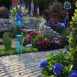 Carillones solares de viento para exteriores, de metal, grandes campanillas de viento de pavo real, luces LED, bola de vidrio agrietado, a prueba de agua, luces decorativas para jardín, patio,