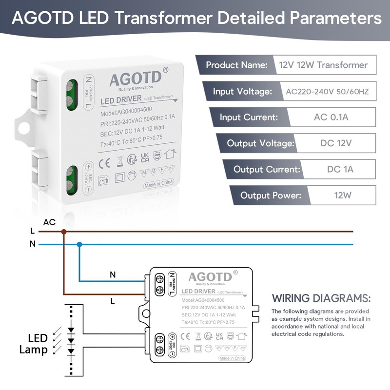 AGOTD LED Transformer 12 V 1 A 12 W Flicker-Free