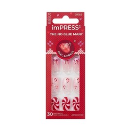 KISS imPRESS Holiday Press On Nails, ‘Santa Baby’, Red, Short Squoval, Improved Super Hold Adhesive, 30 Fake Nails, Prep Pad, Mini Nail File, & Manicure Stick