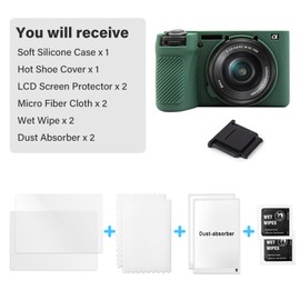 A6700 Camera Case Accessories Kit - Silicone Protective Case for Sony Alpha 6700[Green] & LCD Screen Protector for Sony A6700[2 Packs] & Camera Hot Shoe Cover for Sony A6700