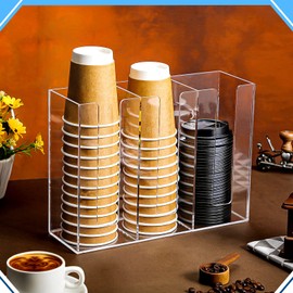 3 Compartments Acrylic Coffee Cup Dispenser Organizer Paper Cup Lid Sleeve Holder Disposable Cup Organizer Coffee Shop Supplies Paper Cup Holder Cup Storage Organizer for Counter Wall (Clear)