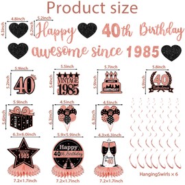 12Pcs 40th Birthday Decorations for Women Pre-Strung Black and Rose Gold Glitter Happy 40th Birthday Awesome Since 1985 Banner Honeycomb Centerpieces Swirls Forty Party Supplies