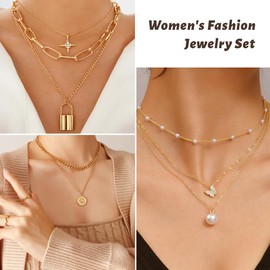 FEYIR 71 Pcs Gold Jewelry Set for Women Costume Jewelry Gold Plated Multi-Layered Necklace Bracelet Stackable Ring Earrings Jewelry Pack for Women