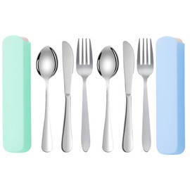 8 Stück Reisebesteck mit Etui, Campingbesteck Set für unterwegs, Besteck zum Mitnehmen mit grünem und blauem Etui, ideal für Outdoor, Arbeit und Schule