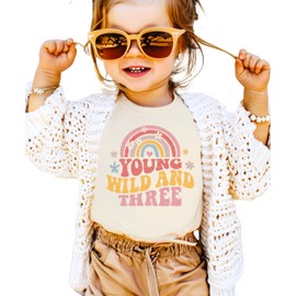 Young Wild Three Retro Rainbow Adorable 3rd Birthday Shirt for Infant Baby Toddler Girl Third Birthday Outfit Natural Shirt 3T