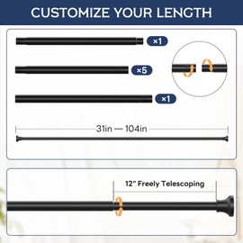 Adjustable Shower Curtain Rod 31-104 Inch, Never Rust Stainless Steel Black Tension Rod, 1" Heavy Duty No-Drill for Bathroom, Kitchen & Closet