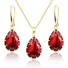 Linawe Ruby Crystal Wedding Jewellery Sets for Women, Garnet Imitation Diamond Pendant Necklace Set, Gold Drop Dangle Red Earring Set, Boho Teardrop Rhinestone Birthstone Jewellery Set