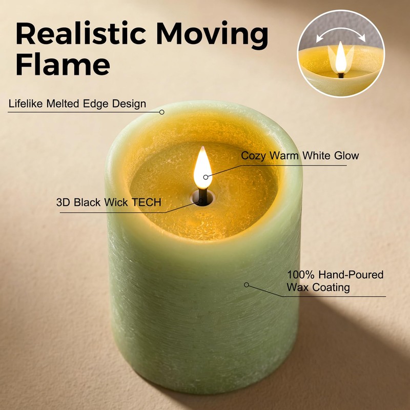 Sage Green Moving Flame LED Pillar Candles with Remote Set