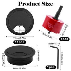 11 Pcs Desk Grommet, 60mm Desk Cable Hole Cover with 60mm Hole Saw, Black Plastic Cable Grommet, Round Desk Hole Cover for Wire Organizer, Home and Office Table Cable Cord Management