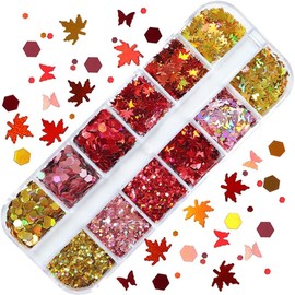 3Box Fall Leaf Glitter Nail Sequins 3D Maple Autumn Leaf Holographic Nail Art Flakes Colorful Confetti Glitter Sticker Decals Manicure Nail Art Design Makeup DIY ecorations