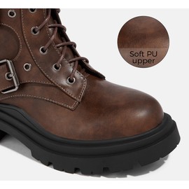 LUCKY STEP Women's Combat Boots-Platform Chunky Mid Calf Boots Ankle Booties Motorcycle Side Zipper Buckles Goth Booties (Tan,7 B(M) US)