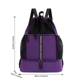 Valleycomfy Drawstring Gym Bag Sports Backpack With Shoe Compartment and Reflective Strips Purple