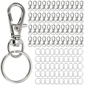SENJEOK 100 Pcs Swivel Lobster Clasps, 50 Pcs Key Chain Hoop with 50 Pcs Ring, Swivel Lanyard Snap Hook Clip for Hanging DIY Crafts, Silver