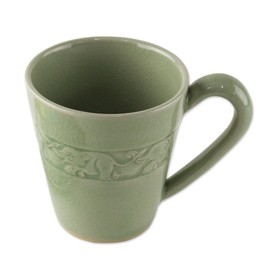 NOVICA Artisan Handcrafted Celadon Ceramic Mug Elephant from Thailand Green Tableware Dinnerware Mugs Cups Animal Themed [3.9in H x 5in W x 3.7in D 10 Oz.] ' Elephant Babies'