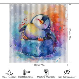 TOWINSFB 4Pcs Colorful Antarctic Penguin Shower Curtain Sets Bathroom Decor, Cartoon Animal Watercolor Shower Curtain with Non Slip Rug, Toilet Lid Cover, Bath Mat and 12 Hooks 72W x 72L