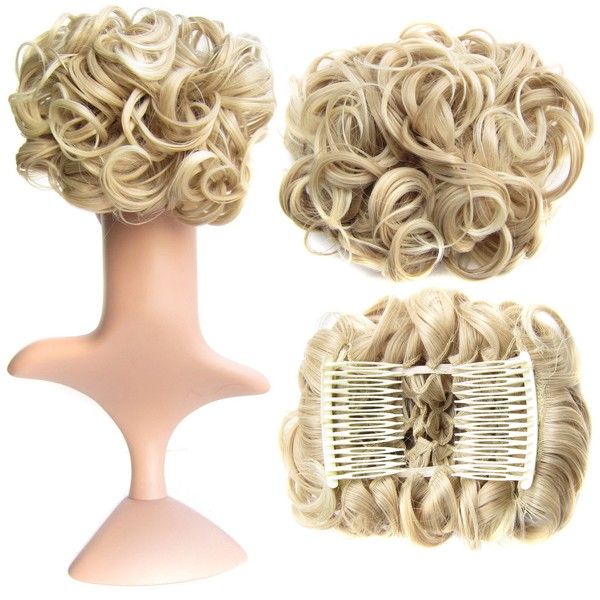 SWACC Short Messy Curly Dish Hair Bun Extension Easy Stretch hair Combs Clip in Ponytail Extension Scrunchie Chignon Tray Ponytail Hairpieces (Beige/Blonde Mixed-24T613#)