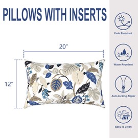 Melody Elephant Outdoor/Indoor Lumbar Pillows, Water Repellent Cushion Pillows, 12x20 Inch, Outdoor Pillows with Inserts for Home Garden, Pack of 2, Breeze Leaves Beige