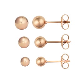 3 Pairs Ball Studs: 18k Rose Gold Plated Hollow Steel Earrings, 4mm, 5mm & 6mm
