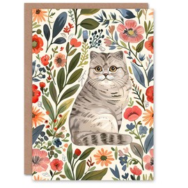 Artery8 Greeting Card Scottish Fold and Rustic Floral Pattern Cat Lover For Her Woman Birthday Card