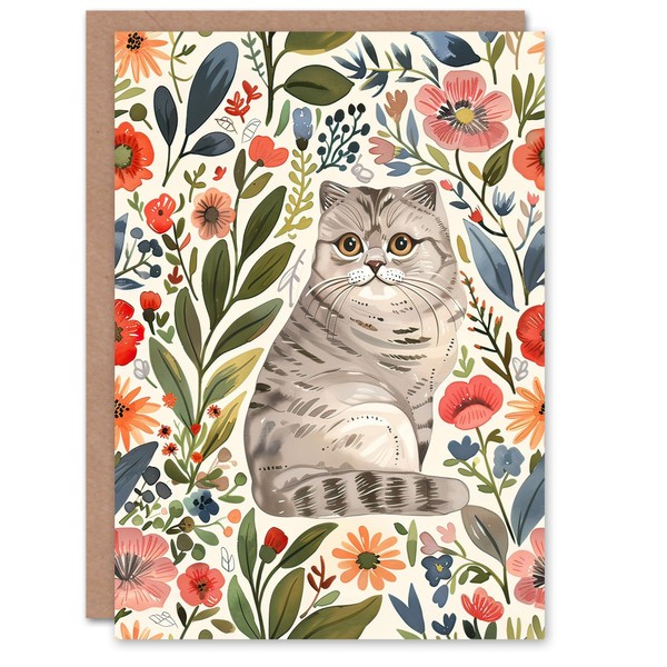 Artery8 Greeting Card Scottish Fold and Rustic Floral Pattern Cat