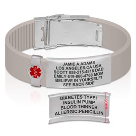 Divoti Custom Dual-Sided Engraved Silicone Medical Alert ID Wristband w/Security Clasp & Trim-to-Fit Pebble Stone Silicone Band w/Security Clasp - 20MM Brushed Stainless/Red