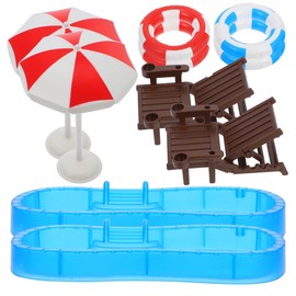 Garneck 2 Sets Miniature Swimming Pool Accessories - Dollhouse Swim Ring Beach Chair and Umbrella Models for DIY Fairy Garden and Toy House Decoration